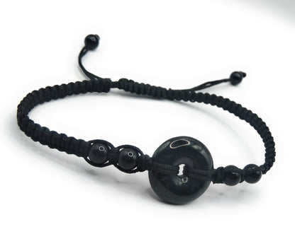 Braided Bracelet with Black Guatemalan Jadeite Pi Disc & Obsidian Beads