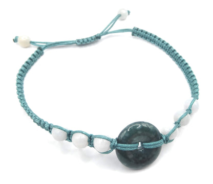 Braided Bracelet with Blue Jade Princess Jadeite Pi Disc & White Jadeite Beads