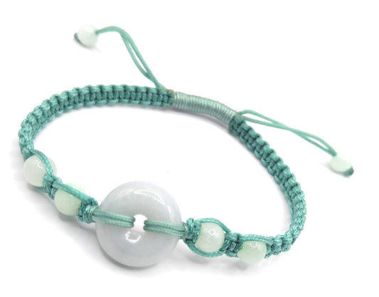 Braided Bracelet with White Jadeite Pi Disc &amp; White Jadeite Beads