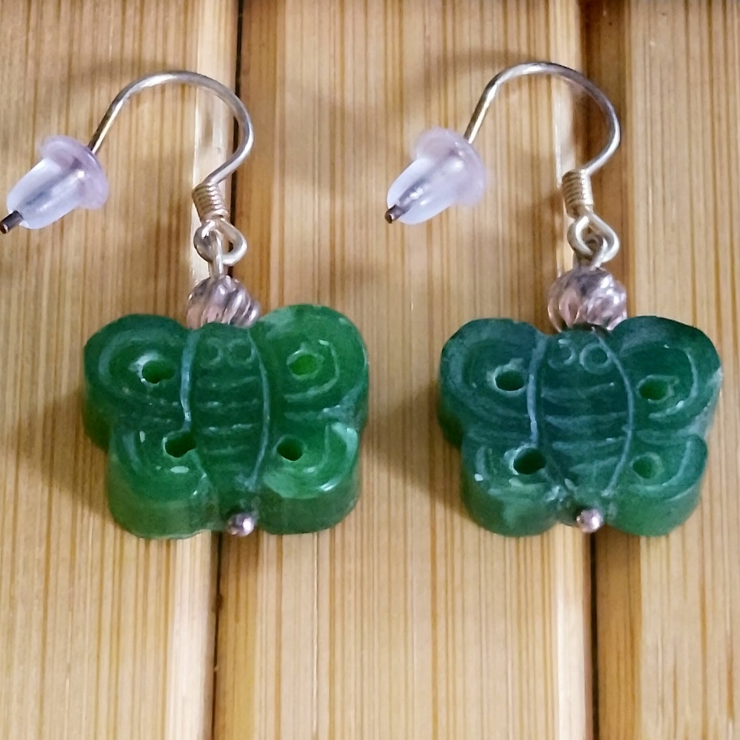 Green Jade Butterfly with Silver Balls Earrings