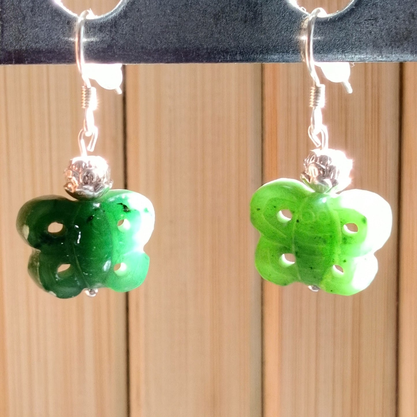 Green Jade Butterfly with Silver Balls Earrings