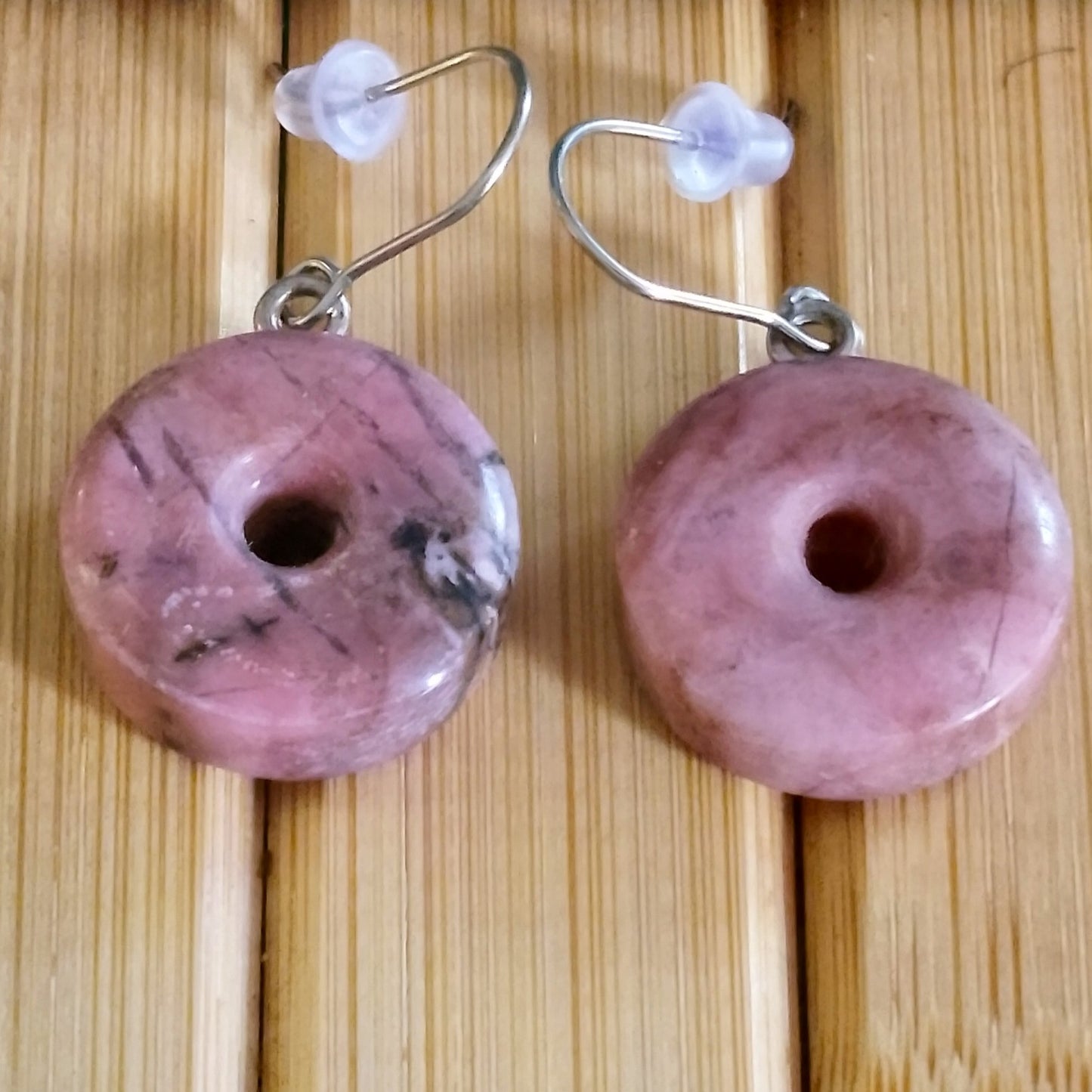 Rhodochrosite Pi Disc Earrings with Sterling Silver Hook
