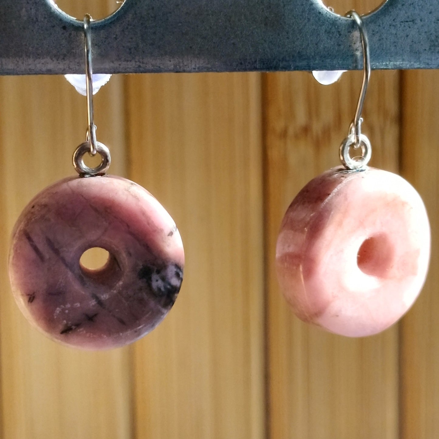 Rhodochrosite Pi Disc Earrings with Sterling Silver Hook