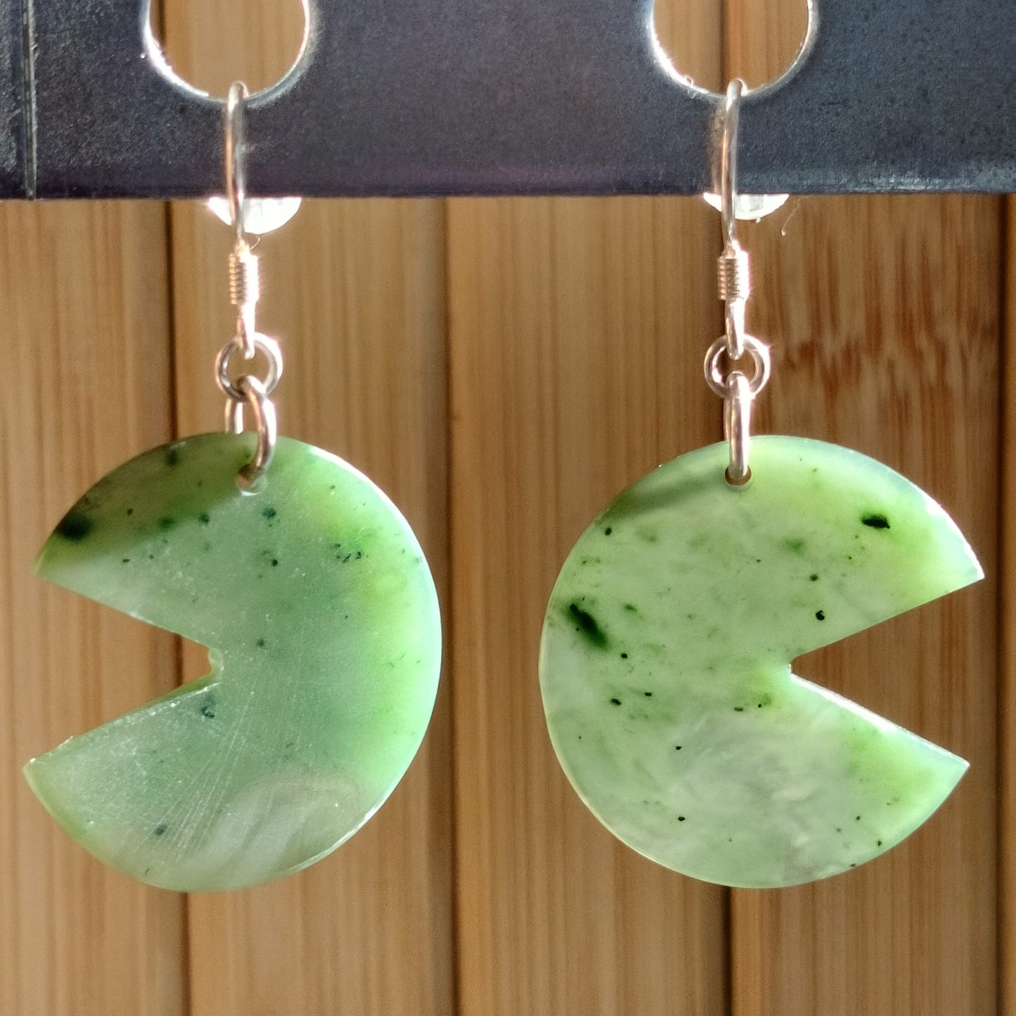 Green Jade Pacman Style Earrings with Sterling Silver Hook