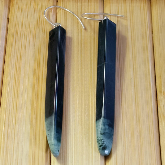 Black Jade and Sterling Silver Rectangle Live Edge Pointed Earrings