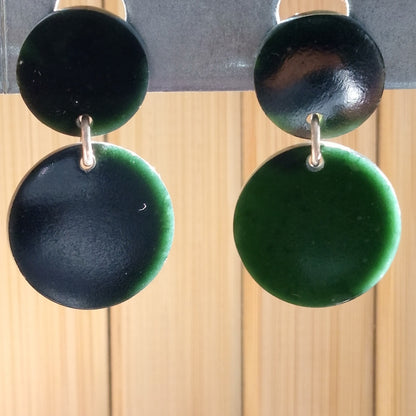 Black Jade and Sterling Silver Double Large Round Stud Earrings