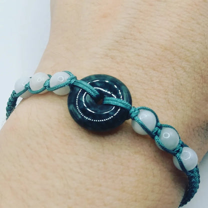 Braided Bracelet with Blue Jade Princess Jadeite Pi Disc & White Jadeite Beads