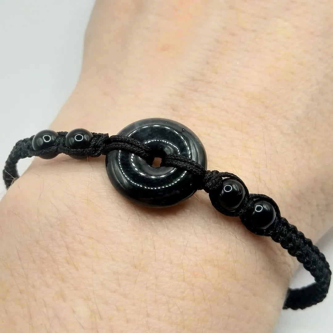 Braided Bracelet with Black Guatemalan Jadeite Pi Disc & Obsidian Beads