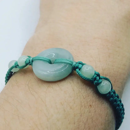 Braided Bracelet with White Jadeite Pi Disc &amp; White Jadeite Beads