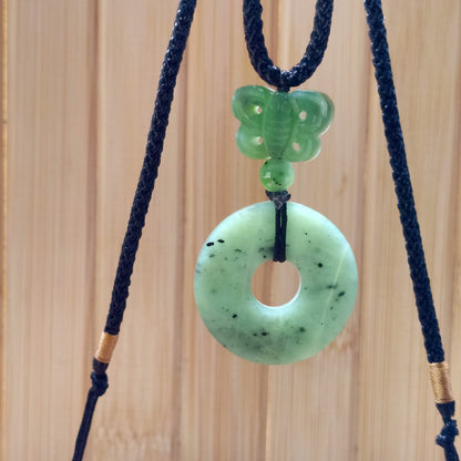 Green Jade Pi Disc Pendant with Jade Butterfly on Adjustable Cord