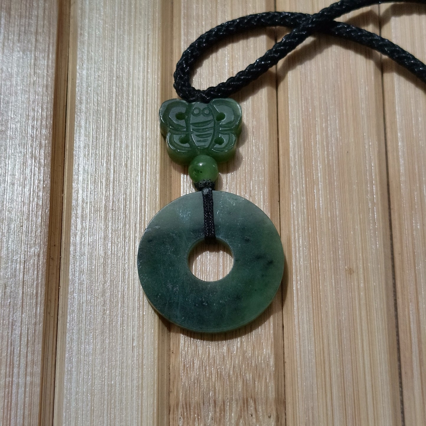 Green Jade Pi Disc Pendant with Jade Butterfly on Adjustable Cord