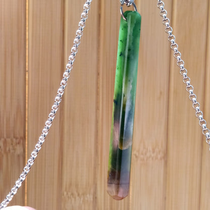 Green Jade Live Edge Sleek Pendant on Stainless Steel Chain