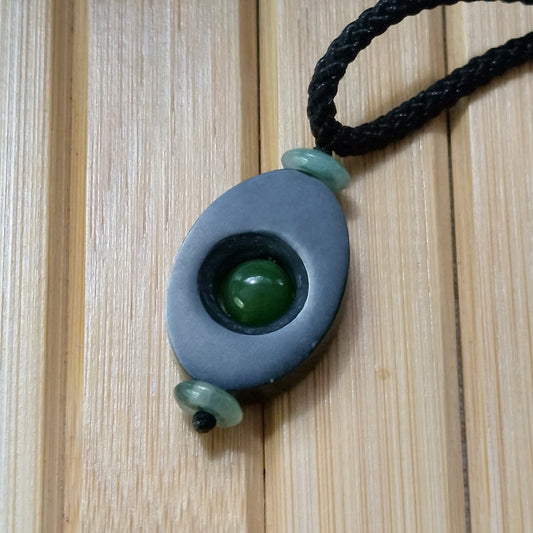 Black Jade Heart with Green Jade Core Pendant on Adjustable Cord