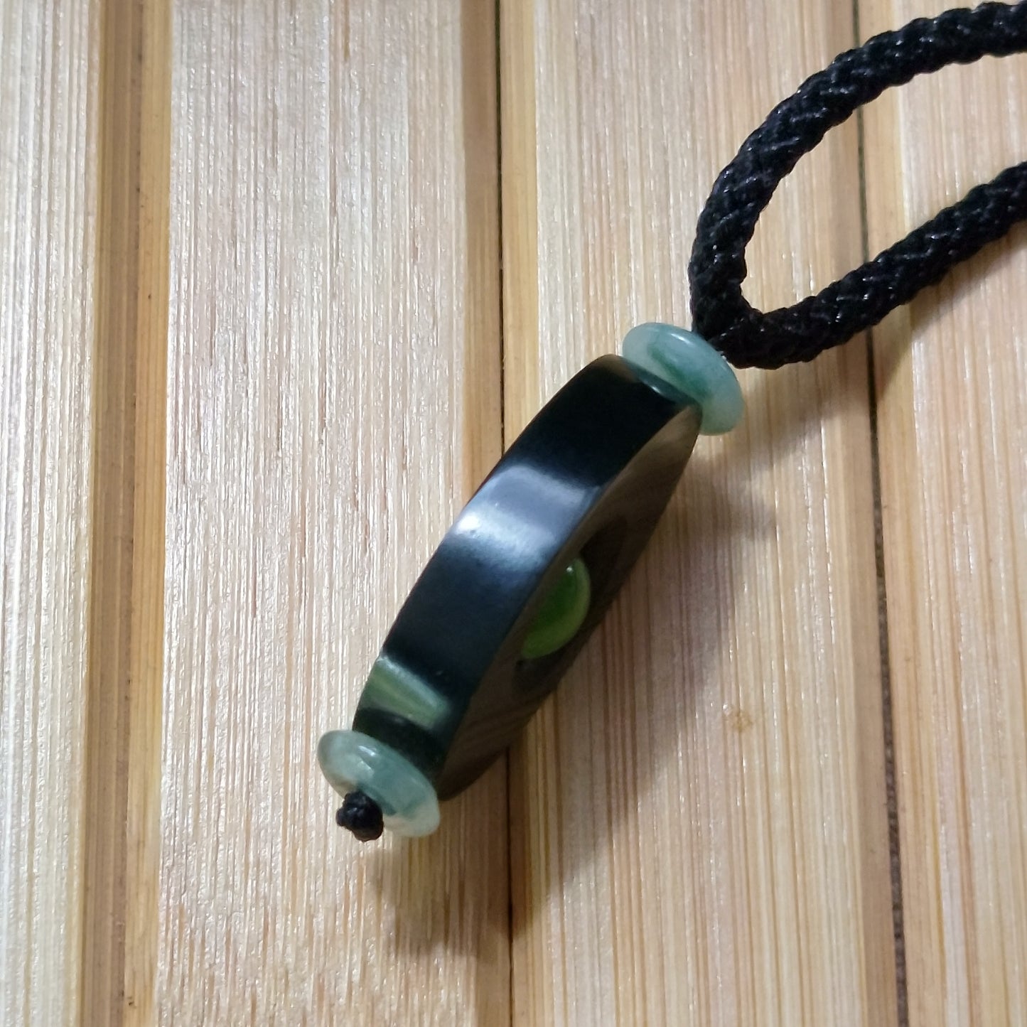 Black Jade Heart with Green Jade Core Pendant on Adjustable Cord