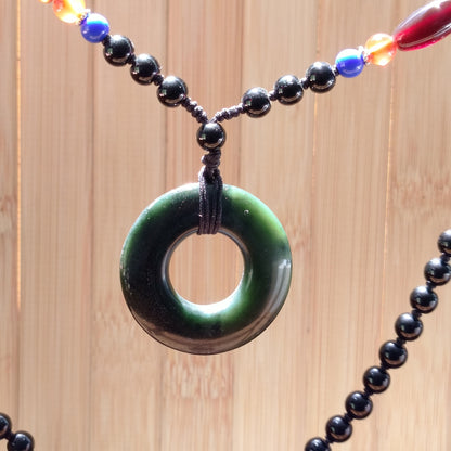 Black Jade Pi Disc Pendant on Obsidian Bead Necklace