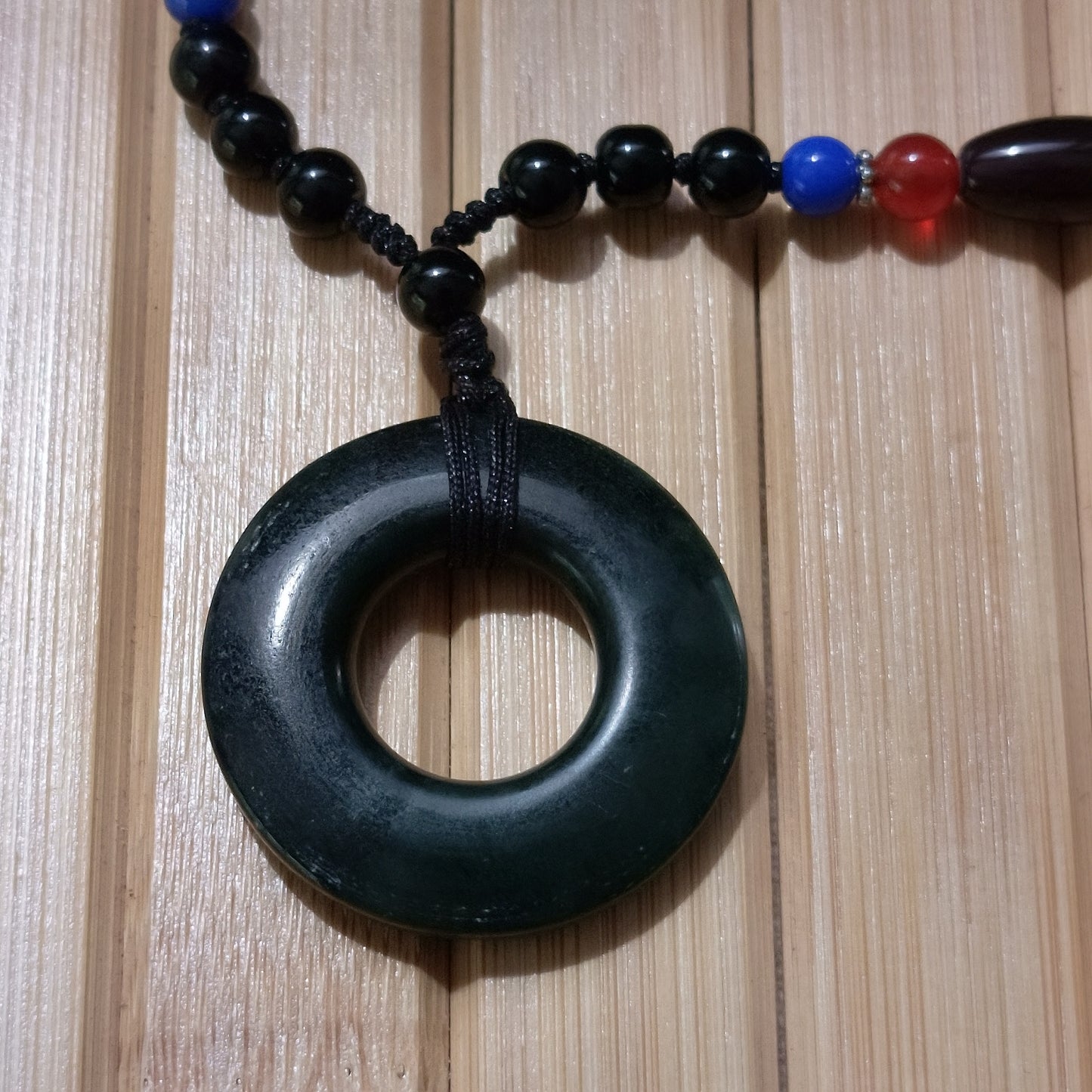 Black Jade Pi Disc Pendant on Obsidian Bead Necklace