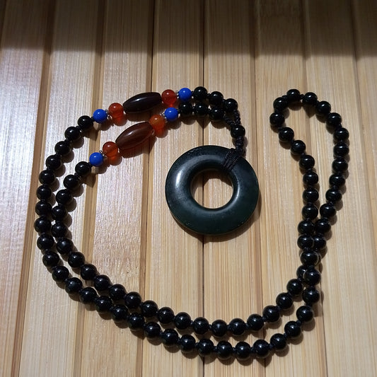 Black Jade Pi Disc Pendant on Obsidian Bead Necklace