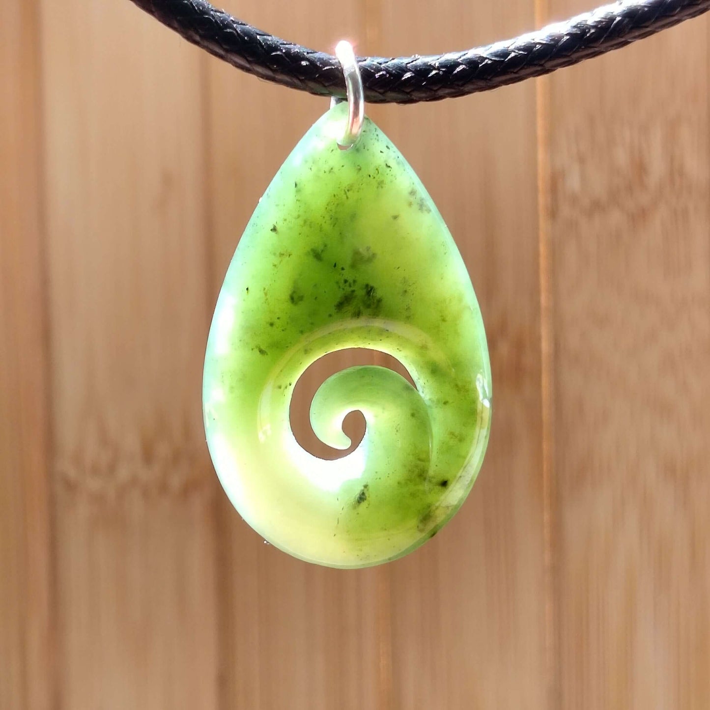 Green Jade Tear Drop with Swirl Pendant
