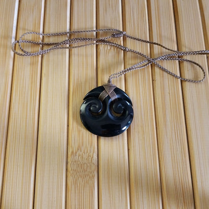 Black Jade Round Double Twirl Pendant on Adjustable Braided Cord